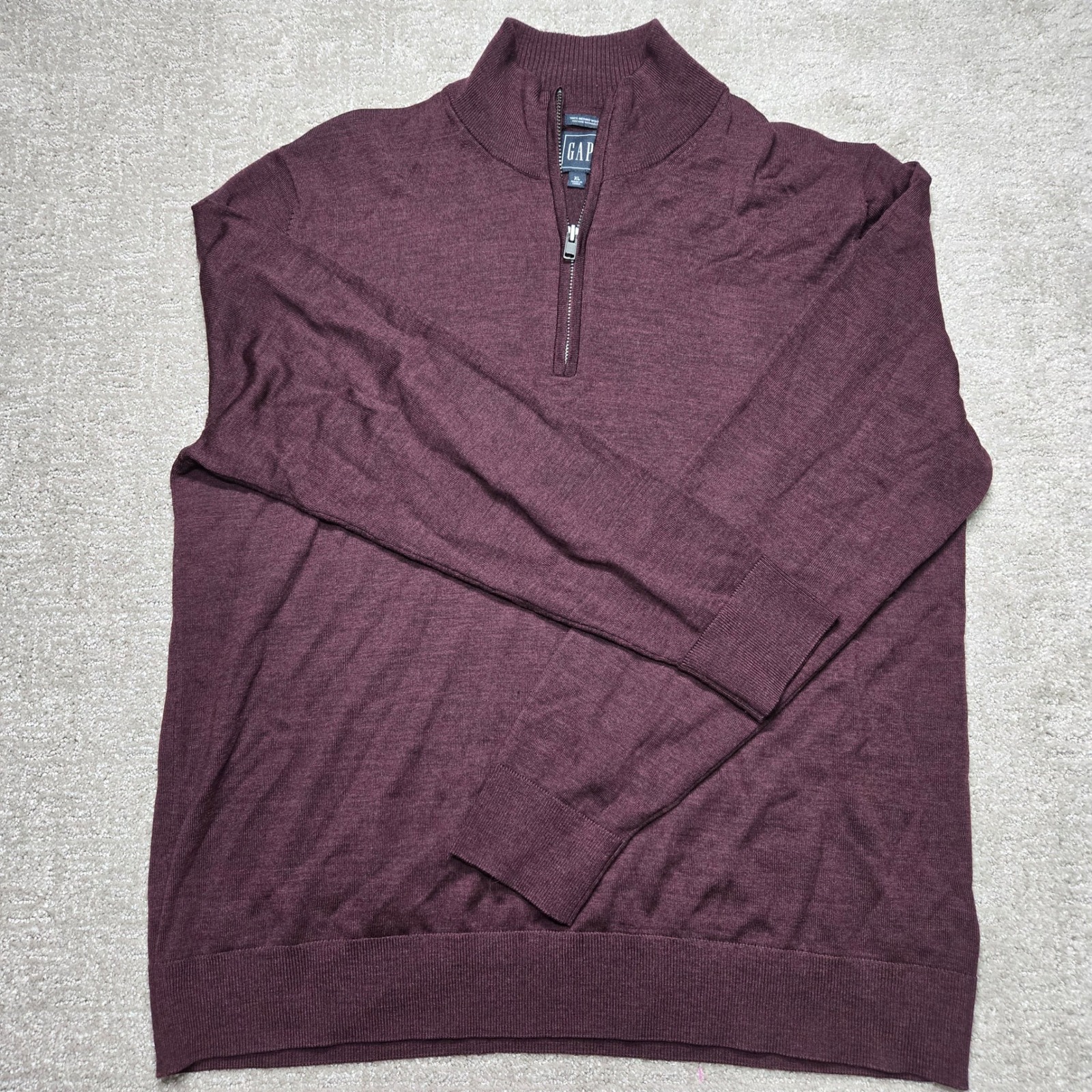 Gap Mens Xl Burgundy 100% Merino Wool Quarter Zip Sweater Mock Neck Pullover